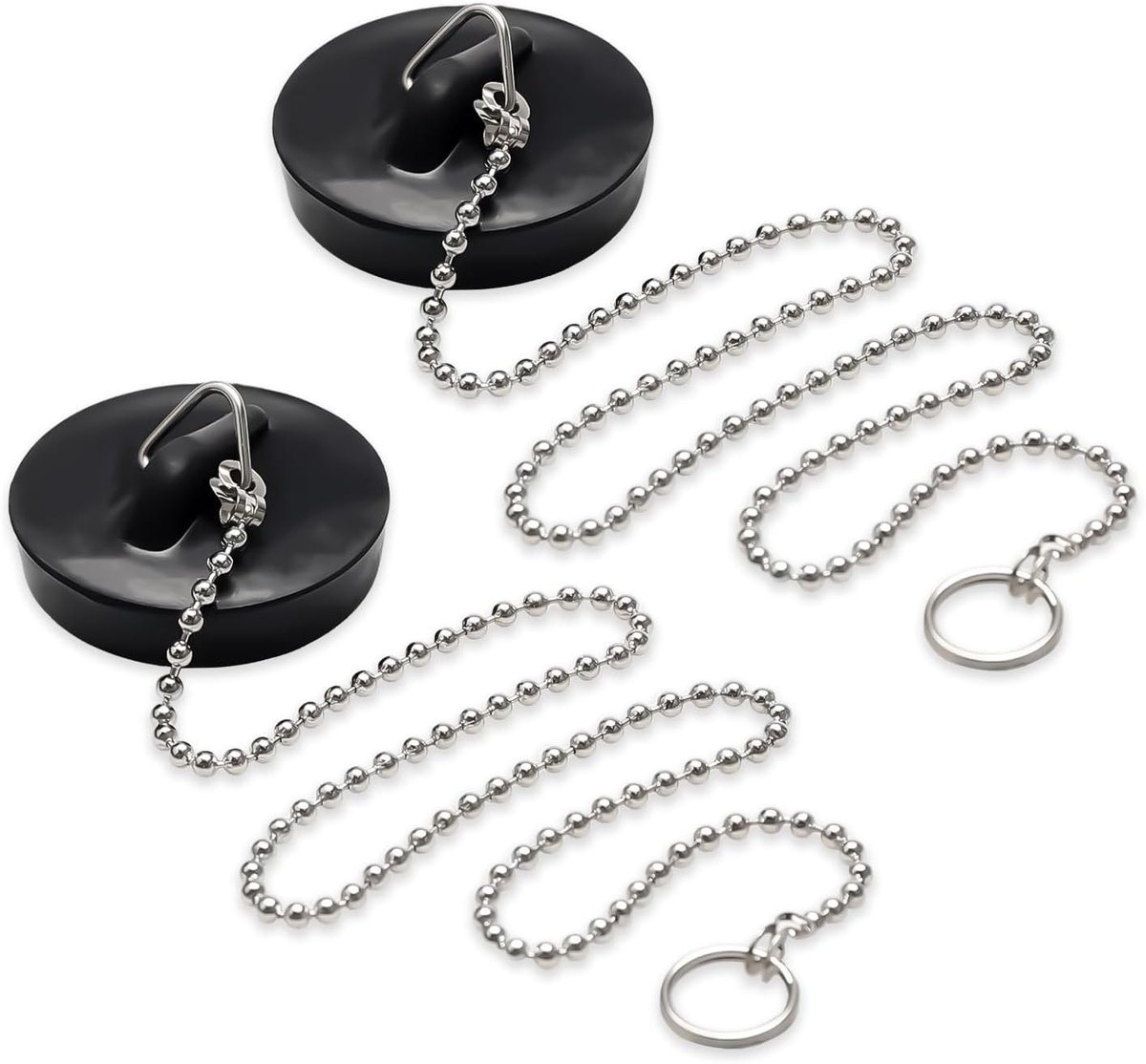 2 stuks afvoerstop voor wastafel met ketting, 40 cm, rubberen stop voor wastafel, badkuip, wastafel, rubberen stop voor wastafels, badkuipen en keuken (zwart) (diameter 40-45 mm)