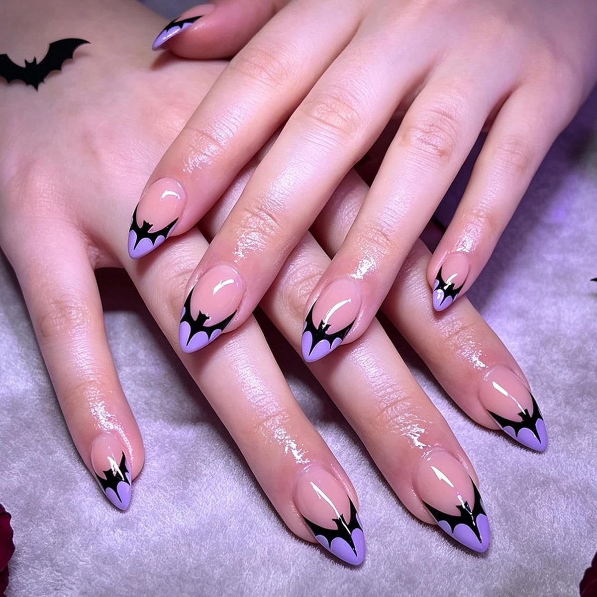 30 stuks Halloween paarse Franse nagels om op te plakken, korte amandel