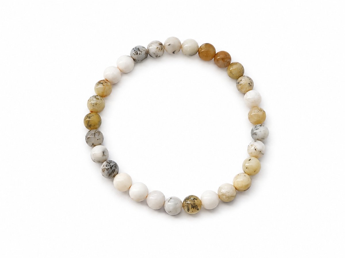 Gele Opaal Armband 17 cm – Natuurlijke Edelsteen Armband met 6 mm Kralen – Elastische Geel Witte Opaal Kralenarmband – Armband voor Dames en Heren – Gele opaal - Opaal armband – Natuursteen armband – Opaal – Gele opaal