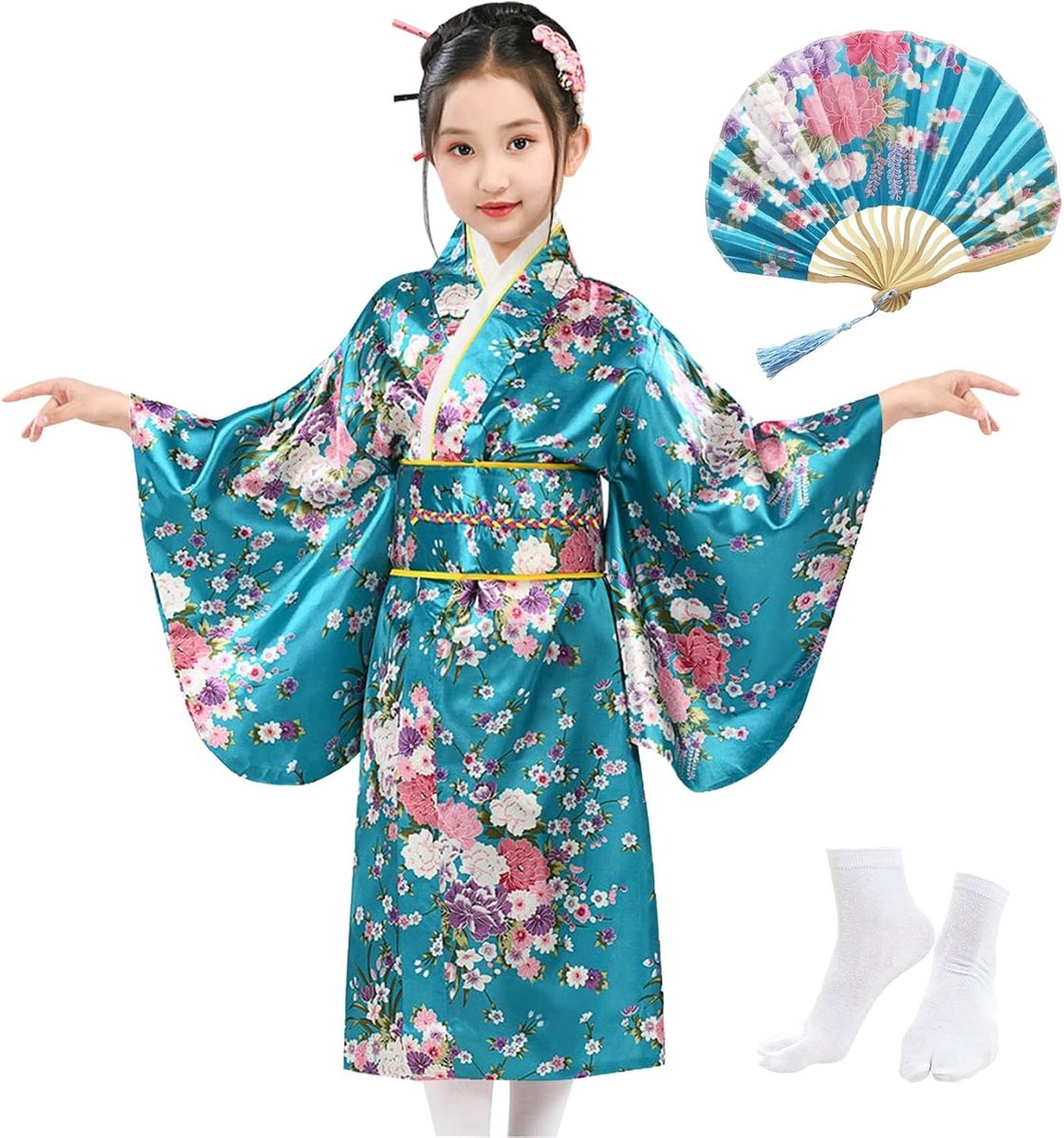 Kimono voor kinderen, traditionele Japanse stijl, Sakura Yukata-jurk voor meisjes, imitatie zijde satijnen kimono-gewaad, meisjes, cosplay kostuum, feestjurk, met plooien fan en tabi-sokken
