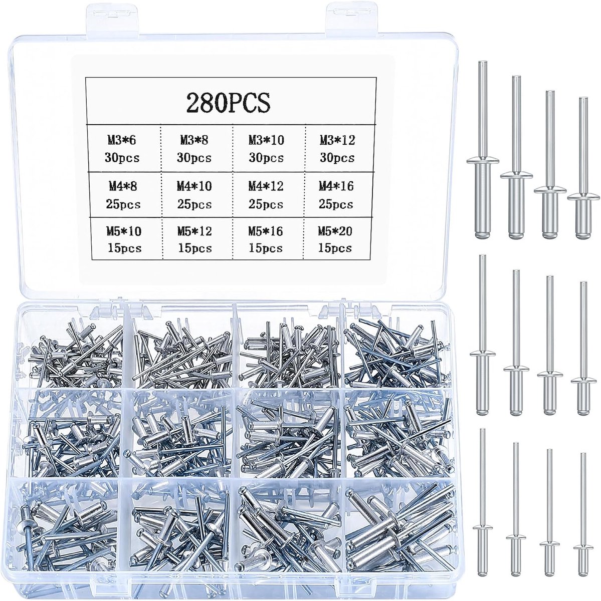 280 stuks aluminium blindklinknagels, M3, M4, M5, popklinknagels assortiment, aluminium blindklinknagels met flens popklinknagels, aluminium klinknagels voor metaal, hout en kunststof, 12 maten