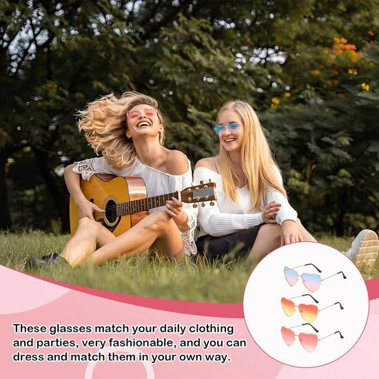 Zonnebril hartvormig dames heren set van 3 – gepolariseerde retro zonnebrillen – festival brillen voor feest, zomer, carnaval – uniseks accessoires voor volwassenen en kinderen — afbeelding 4