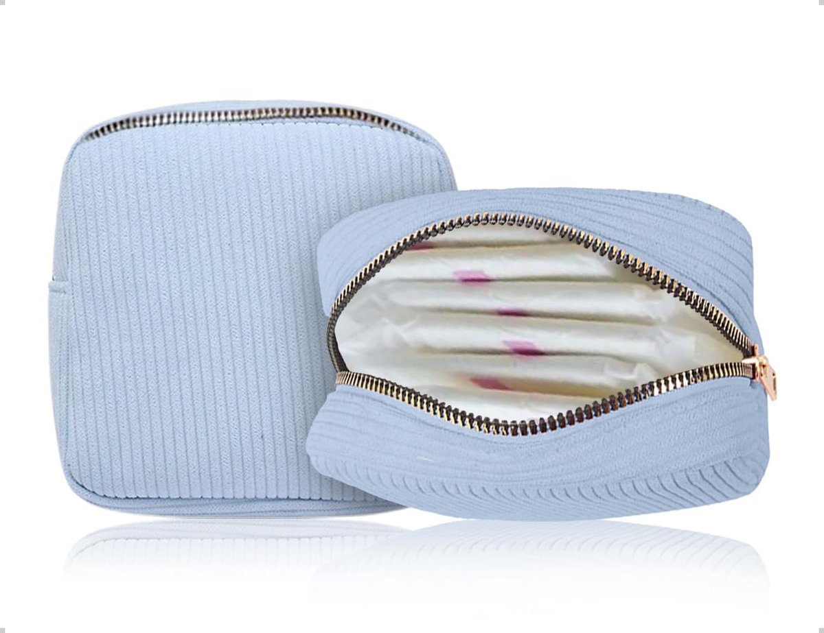 Opbergtas met ritssluiting, tampon, opslag van corduroy, kleine make-uptas voor inlegkruisjes, meisjes, dames (blauw, 12 x 12 cm)
