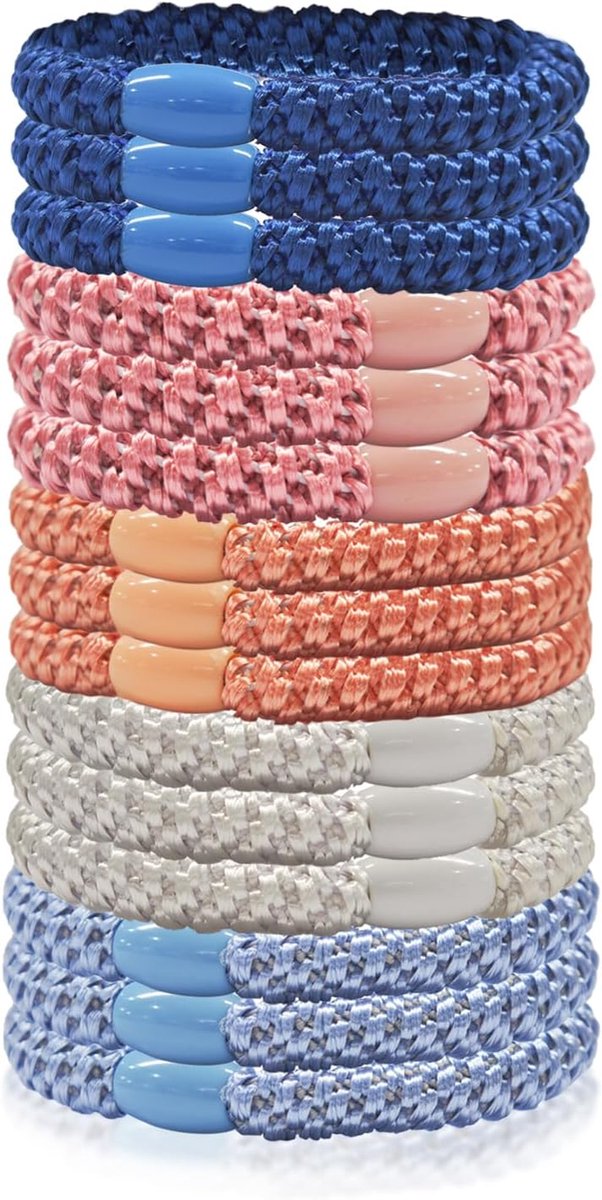 Haarelastiekjes voor vrouwen en meisjes, verpakking van 15 veelkleurige dikke en dunne haarelastiekjes, zonder metalen gevlochten haarelastiekjes (poederblauwe serie)