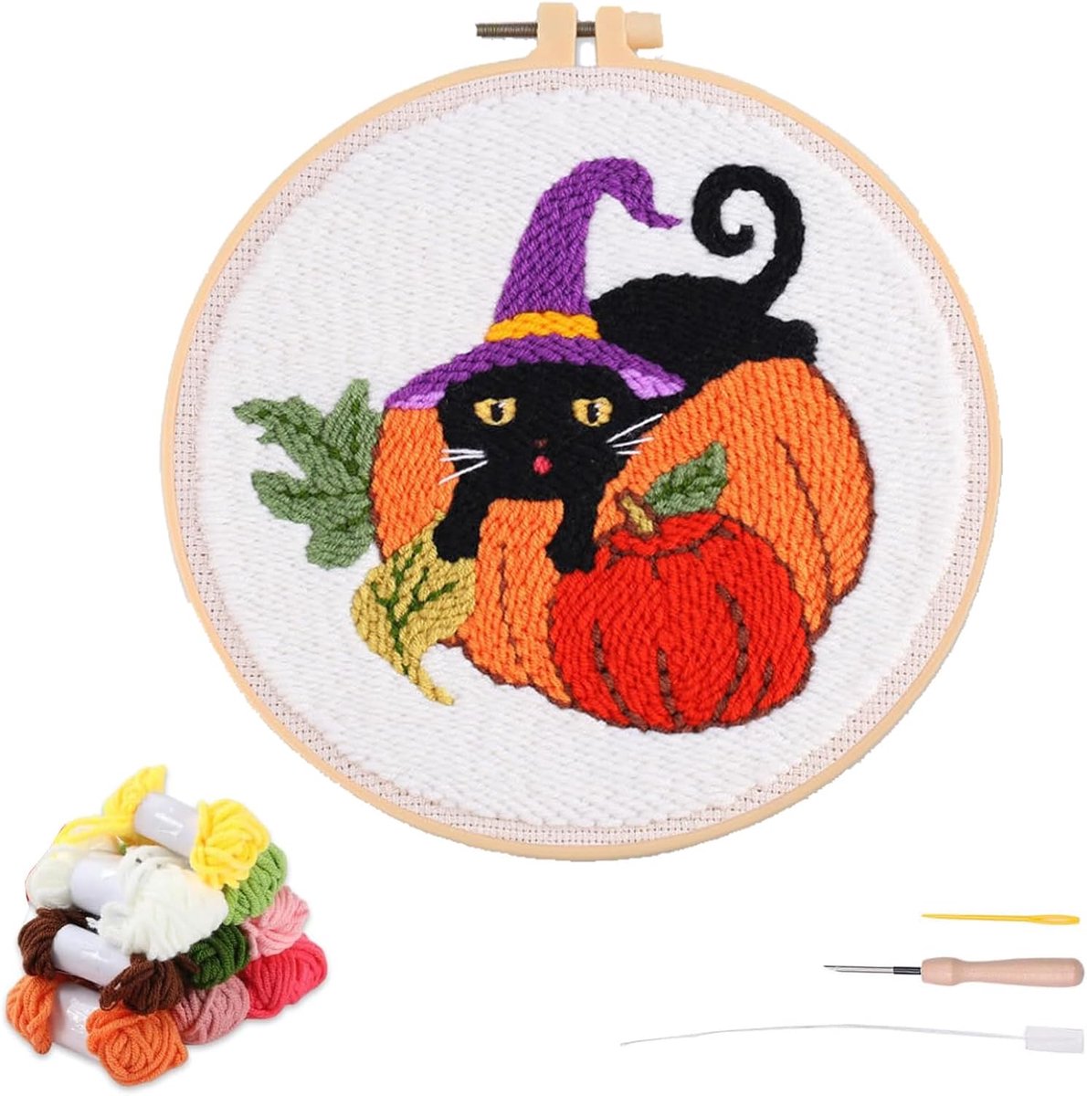 Artcici Punch Naaldset voor beginners met Halloween pompoen zwarte kat patroon gereedschap en garen, eenvoudig borduurwerk tapijt haken set (pompoen)
