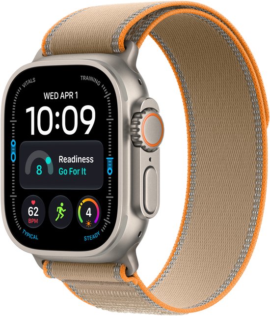 Zilverkleurig Apple Watch Ultra met een ontspannen beige band en oranje accenten. Toont "WED APR 1 10:09".