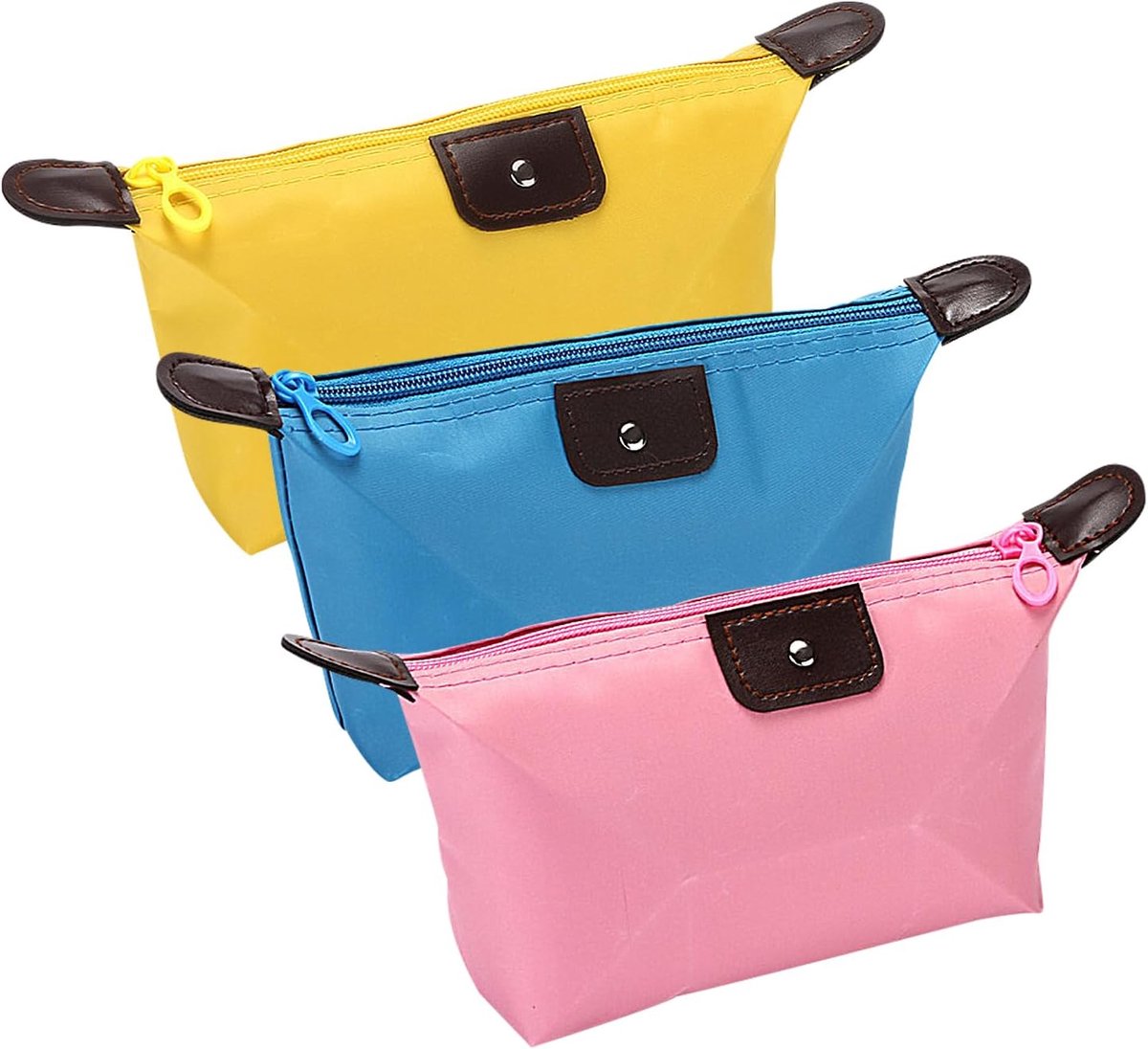 Set van 3 draagbare cosmeticatas, knoedelvormige toilettas, draagbare cosmeticatas, opbergtas voor kleine voorwerpen, biedt ruimte voor lippenstift, wenkbrauwstift, handcrème, roze, blauw, geel,