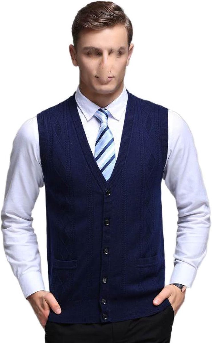 Effen Kleur Gebreid Vest Bovenkleding, Jeugdmode Heren Argyle V-Hals Vest Vest Casual Trendy Trui, Klassiek Zakelijk Heren Gebreide Vest Trui Vest Tanktops, Marineblauw, S