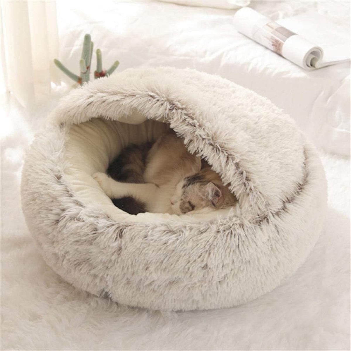 Kattenbed rond zacht pluche gravende grot capuchon kattenbed binnen winter warm huisdier slaapkussen anti-slip machine gewassen bed voor kat puppy,Koffie,50 cm