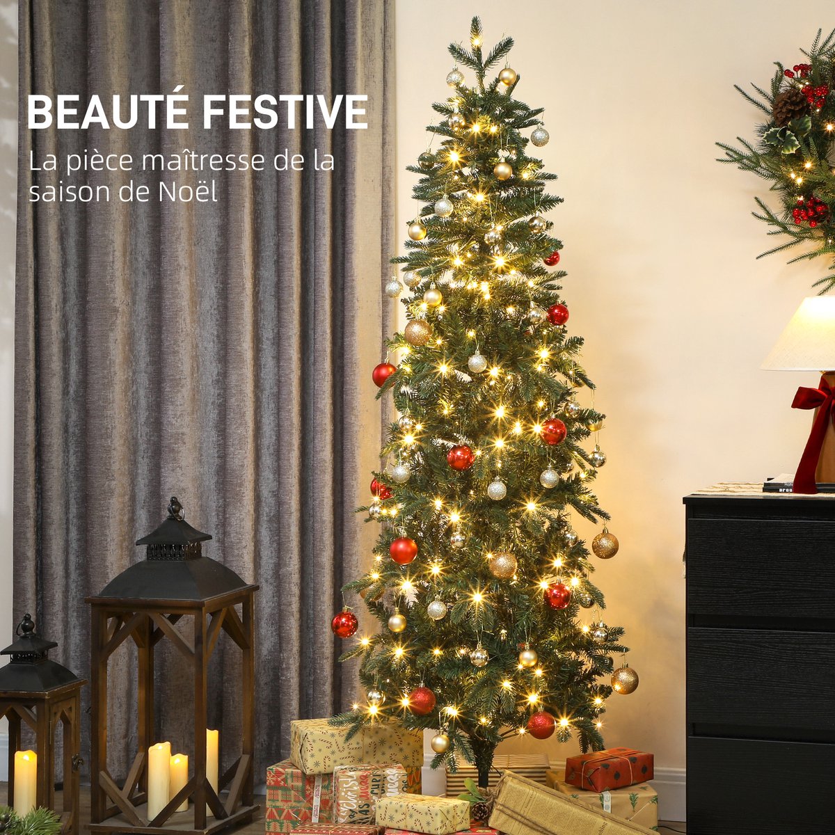 Smalle kunstkerstboom - 180 cm - 200 LED - 605 takpunten - 8 lichtstanden - scharnierconstructie - groen - voor kleine ruimtes – foto 3