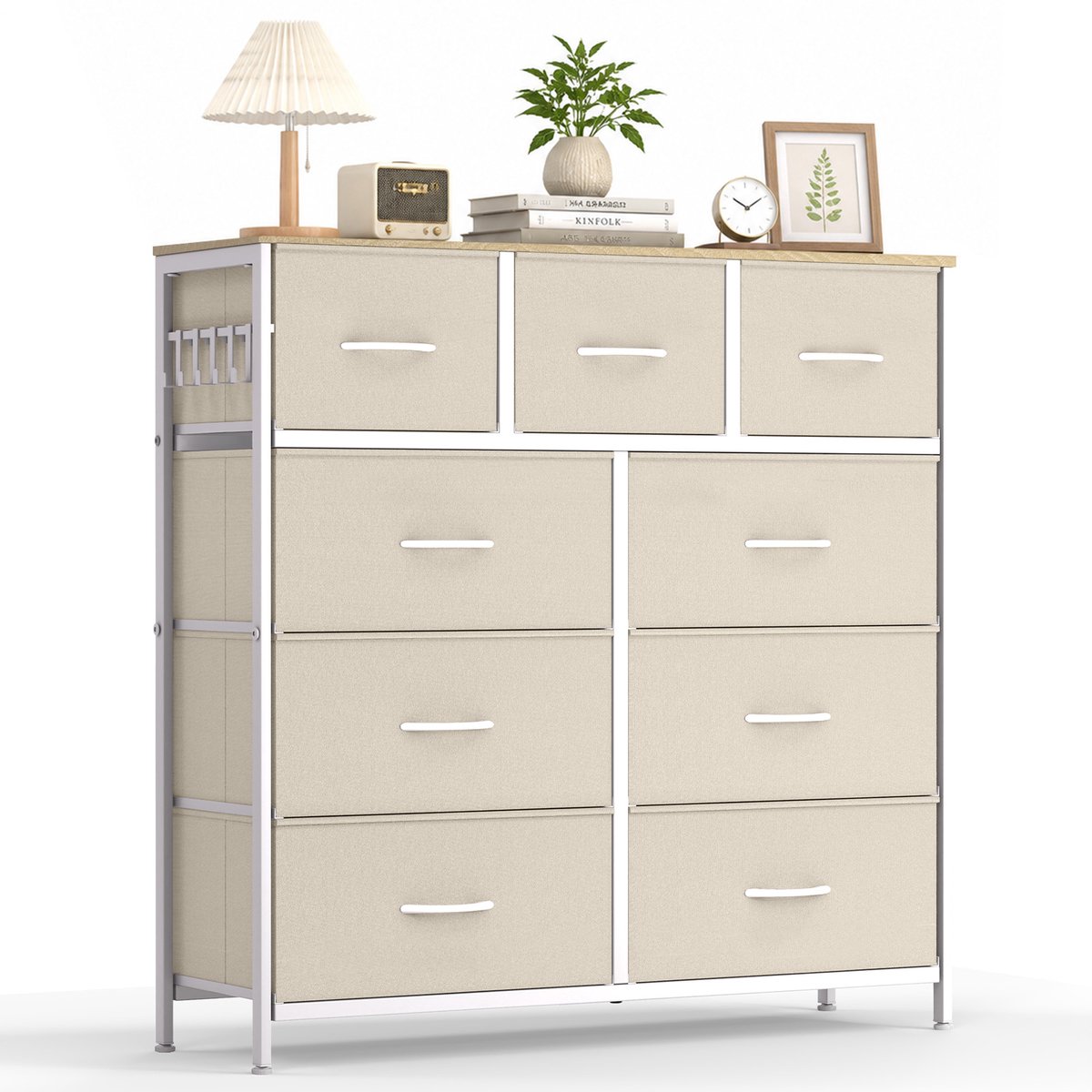 Hokeeper Ladekast met 9 Stoffen Lades – Grote Opbergkast – Dressoir met Houten Bovenblad – Kast met Lades voor Slaapkamer. Woonkamer. Hal en Entree – Vrijstaande Opbergkast – 100 x 30 x 100 cm Beige