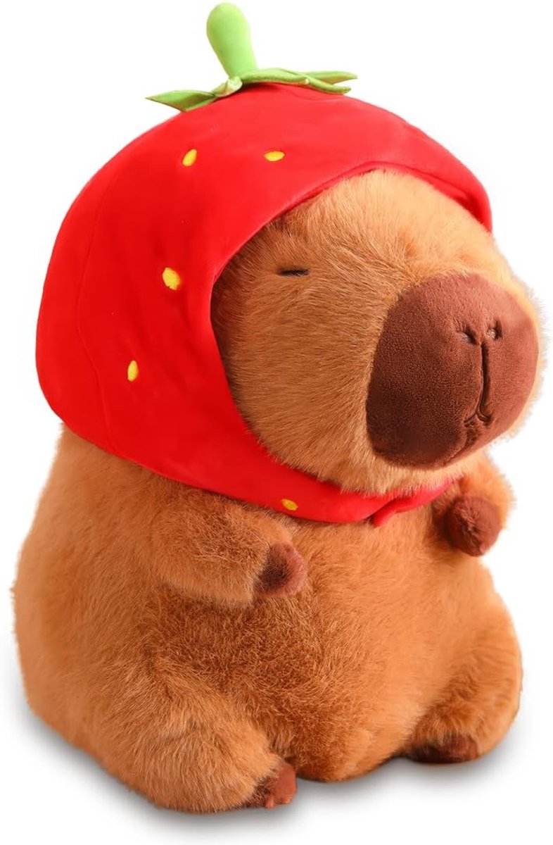 Knuffeldier, 23 cm Pluche Dier Met Aardbeienkop - Watervarken Speelgoed - Schattige Capibara Cadeau voor Volwassenen