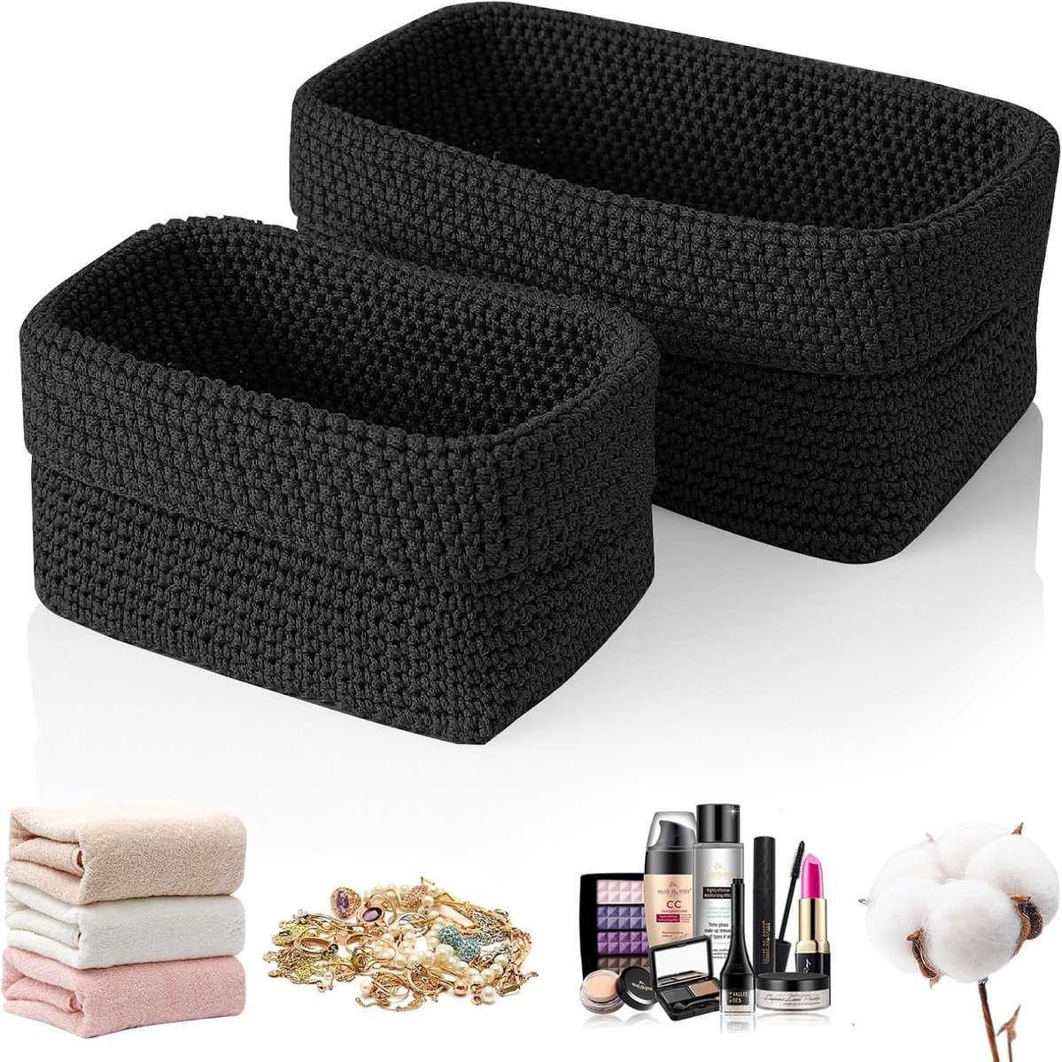 2 stuks manden voor gastendoekjes, organizerdozen, opbergmand, plankmanden, opbergdozen voor handdoeken, cosmetica, sleutels, sieraden (zwart)