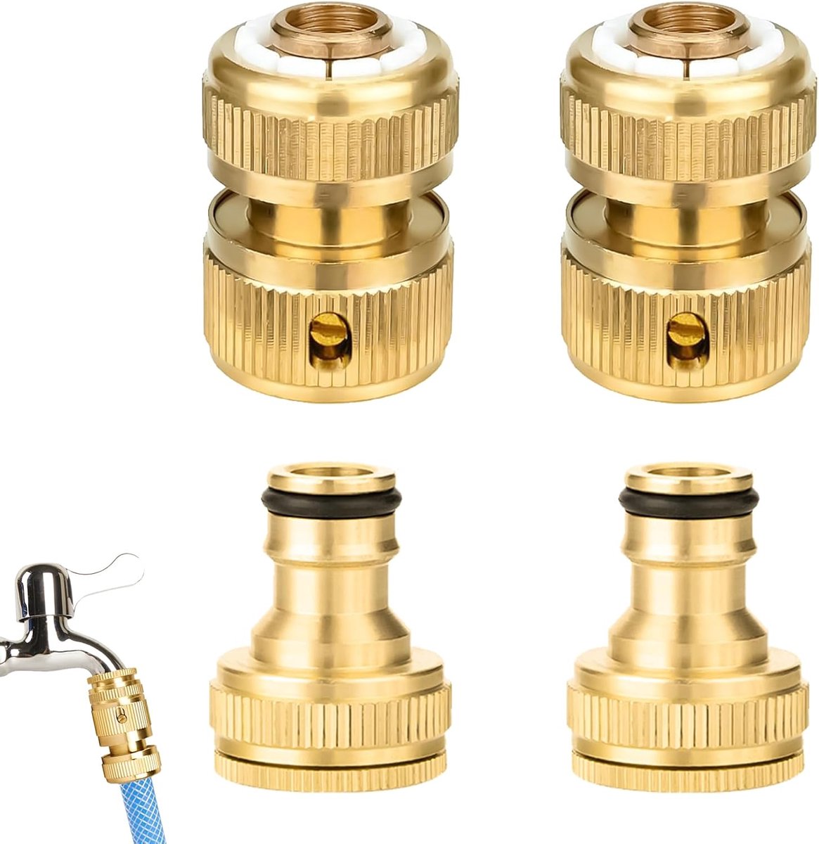 4 stuks snelkoppelingen van messing, tuinslangverbinder, 2-in-1 adapter voor kranen van 1/2 inch en 3/4 inch met 2 snelaansluitingen, wassen en irrigatie