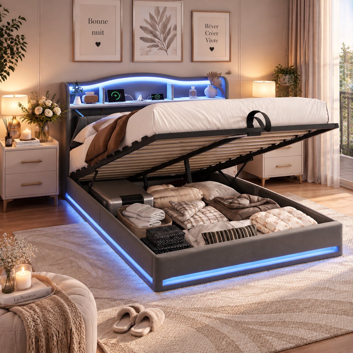 MEXUS Opbergbed 160x200 cm met opbergruimte, hydraulische lift, gestoffeerd Tweepersoonsbed met ledverlichting en USB/USB-C-poort, opbergbaar hoofdeinde, bed met lattenbodem, fluweel Grijs