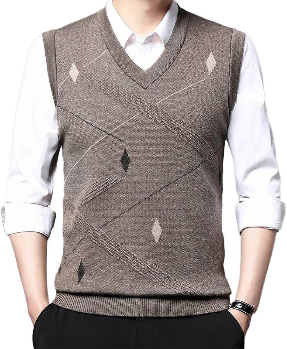 Argyle V-Hals Mouwloze Trui Trui, Herfst En Winter Heren Gebreide Trui Vest, Middelbare Leeftijd Kleur Bijpassende Verdikte Casual Heren Gebreide Trui Tanktops,Kaki,S