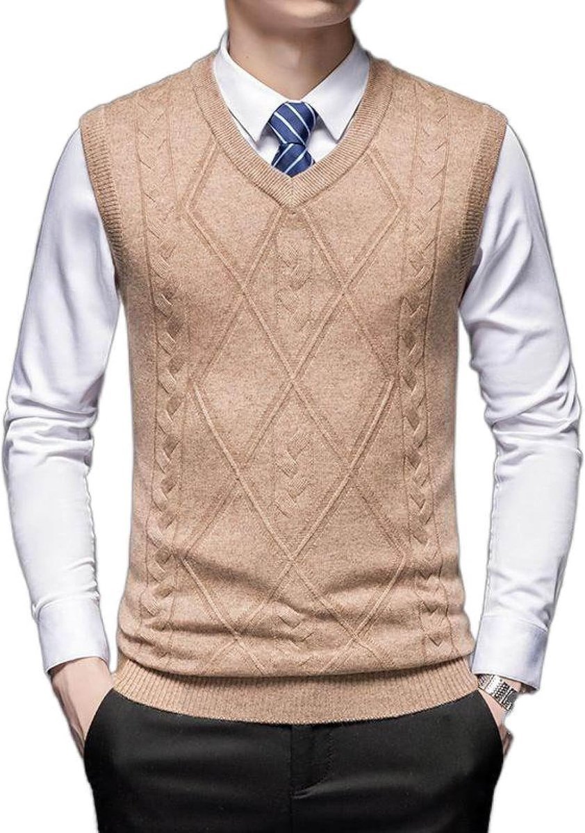 Herenvest Met V-Hals, Klassiek Herfstherenkabelgebreide Trui, Casual All-Match Vest, Trend, Mouwloze Toptrui, Zakelijk Herengebreide Gebreide Vesttrui, Tanktops,Camel,S