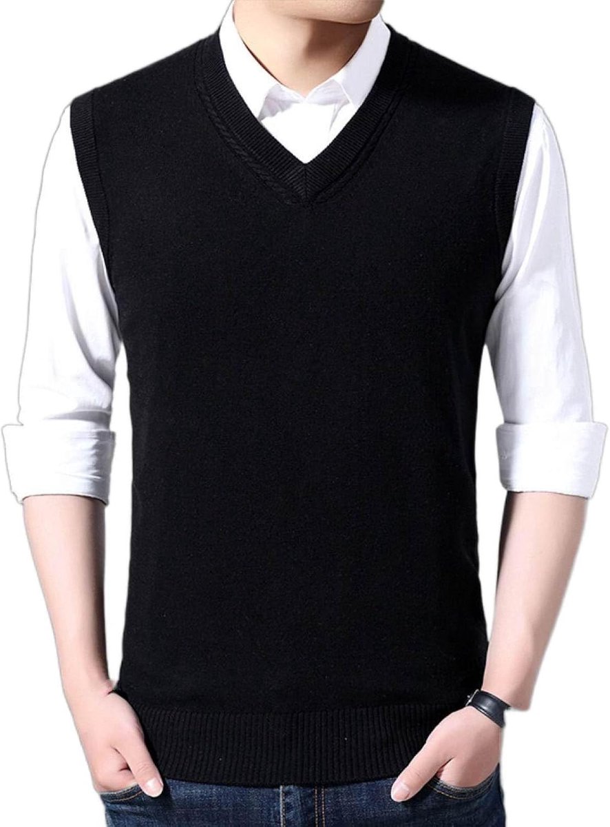 Jeugd Heren V-Hals Vest, Klassieke Slanke Mouwloze Trui Effen Kleur Jacquard Gebreid Vest, Casual Business Gentleman Knitwear Vest Sweater Tank Tops, Zwart, S