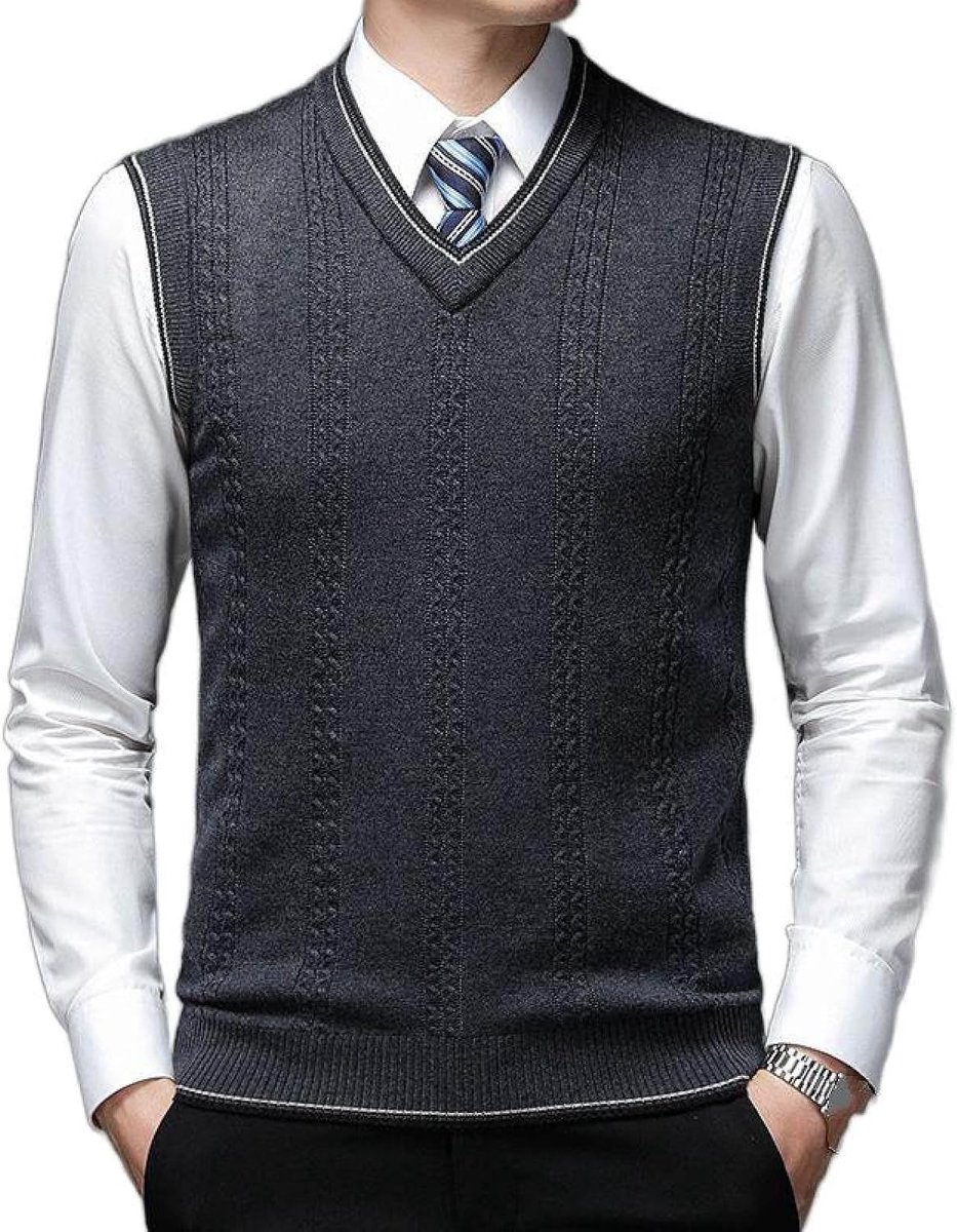 Vest Voor Heren Met V-Hals, Klassiek Gebreid Vest Met Kabel In Contrasterende Kleuren, Casual Gebreid Vest Met Dieptepunt, Klassiek Zakelijk Herengebreid Vest, Trui-Tanktops, Donker
