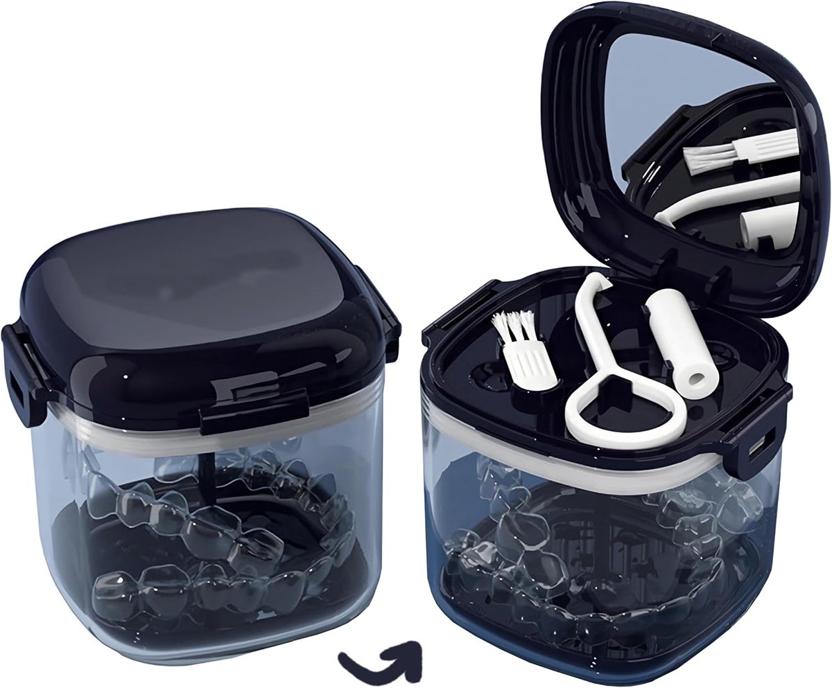 Retainer Case, kunstgebit bad doos met zeefmand, mondbescherming case, bretels schoner beker, schattige kunstgebit houder nachtwacht opslag weekcontainer voor reizen schoonmaken (A blauw)