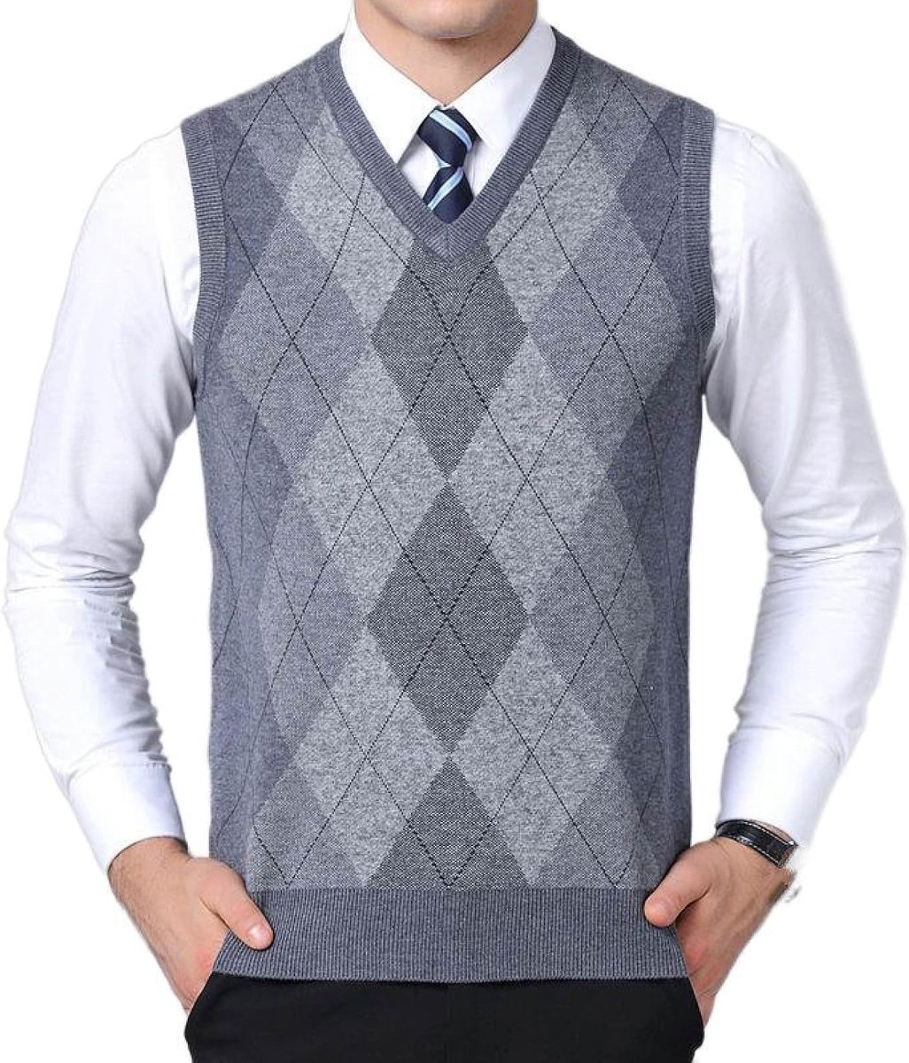Herenvest Met V-Hals, Gebreid Vest Met V-Hals, Klassiek Mouwloos, Casual Pullover-Sweater Met Kleurcontrast Dieptepunt, Business Gentleman Knitwear Gebreide Trui-Tanktops, Middengrijs