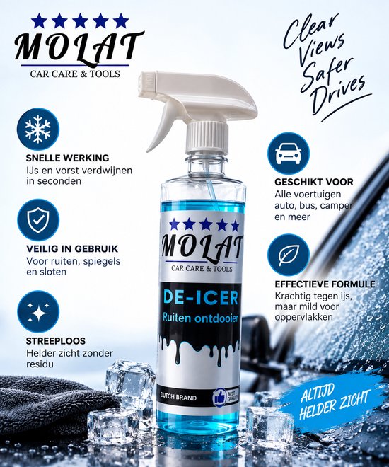 MOLAT DE-ICER ruiten ontdooier spray met instructies: snelle werking, veilig, streeploos, voor alle voertuigen.