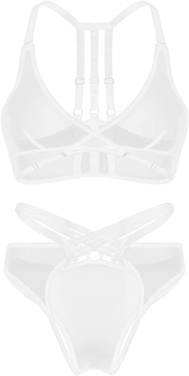 Dameskostuums Dames sexy pure mesh lingerie set bh's kruis taille open butt slipje set-White_XL