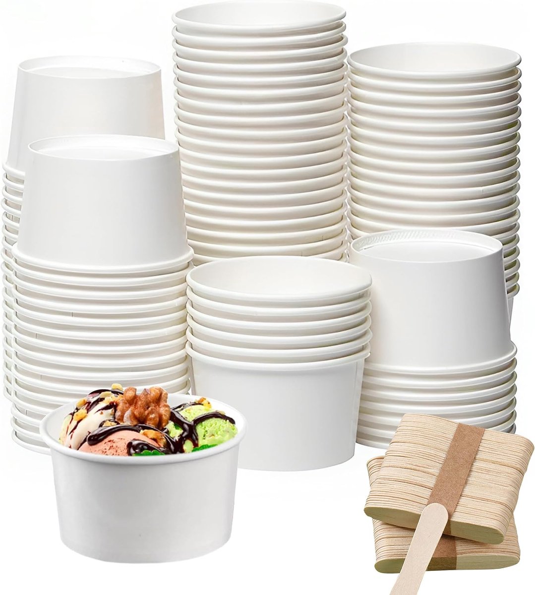 Muffinvormpjes, 60 stuks ijsbekers van karton, 120 ml, dessertbekers, wegwerpijsschalen met houten lepel voor buffetten, desserts, bruiloften, snacks, ijssalons