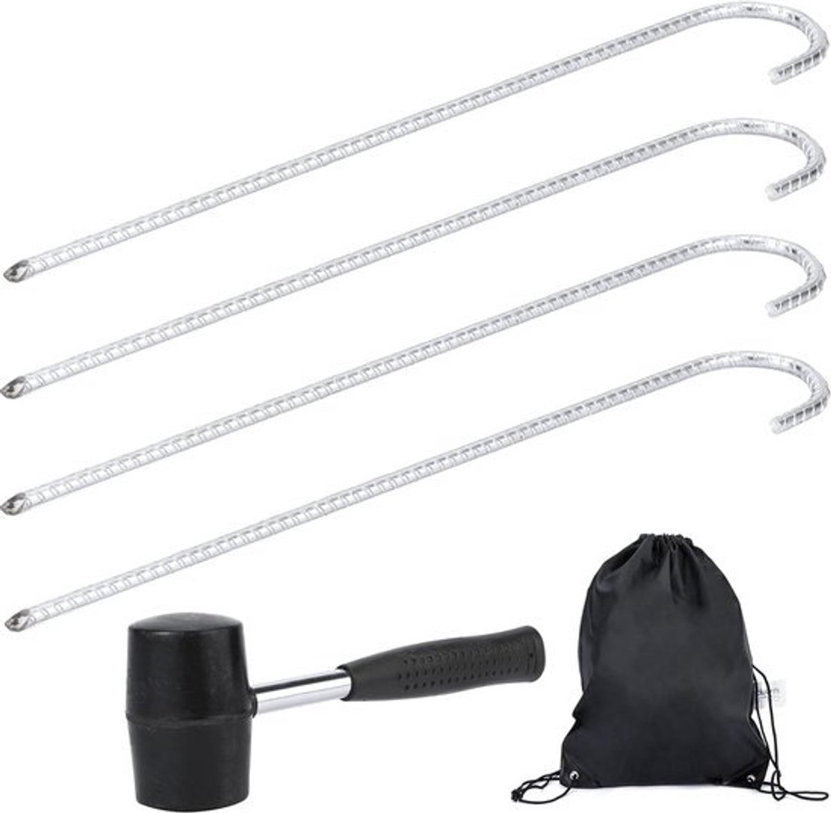 Set van 4 Grondankers van 42 cm met Rubber Hamer en Opbergtas - Voor Veilige Bevestiging van Tenten en Paviljoenen