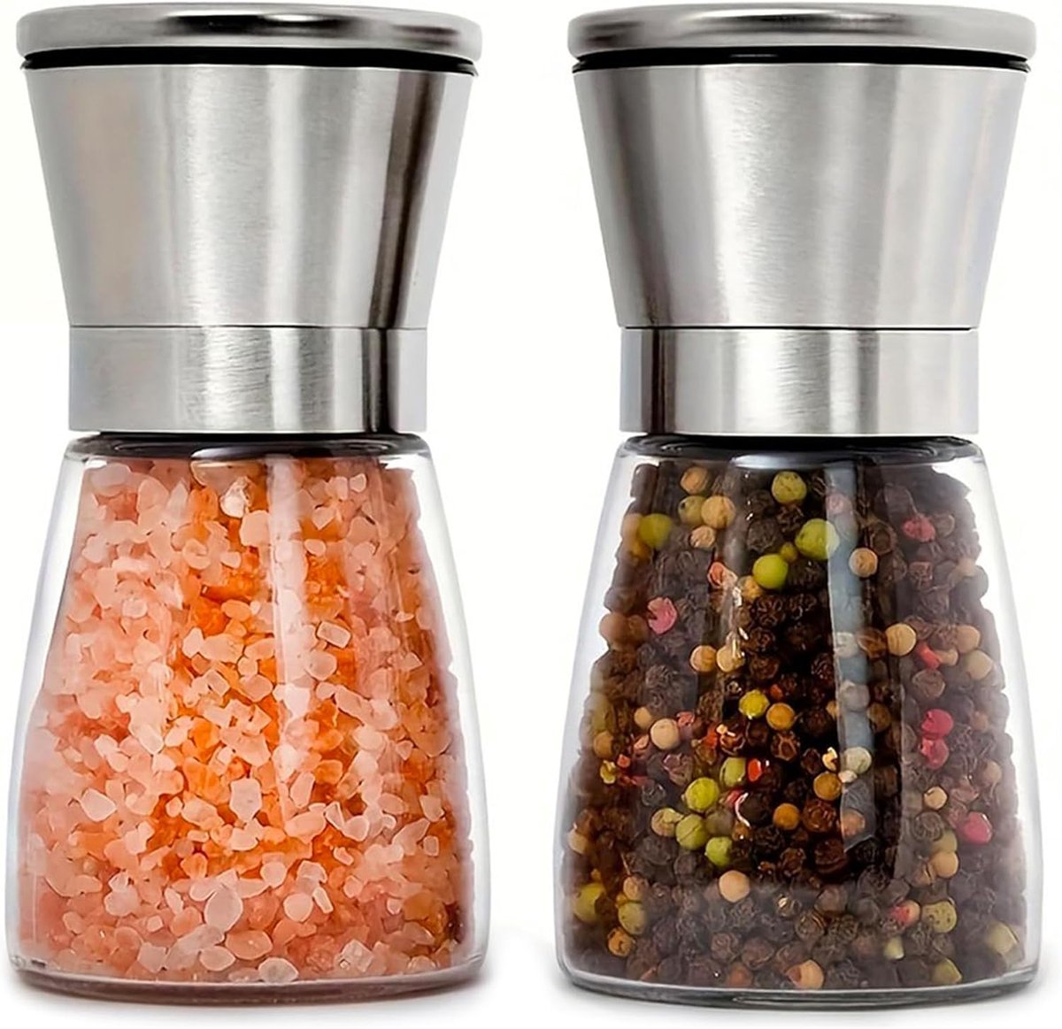 2 stuks zout- en pepermolen, pepermolen en zoutmolen van roestvrij staal en transparant glas, verstelbare molen, handmatige pepermolen, kruidenmolen voor verschillende specerijen, voor de