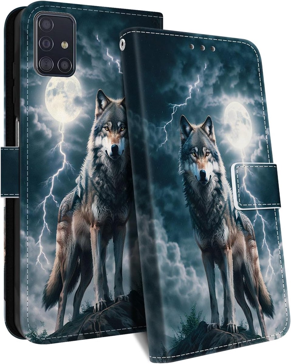 Hoesje voor Samsung Galaxy A51 4G, PU-leren telefoonhoesje, beschermend fliphoesje met kaartsleuf en standaard, polsband, patroonhoesje voor Samsung A51 4G, A wolf