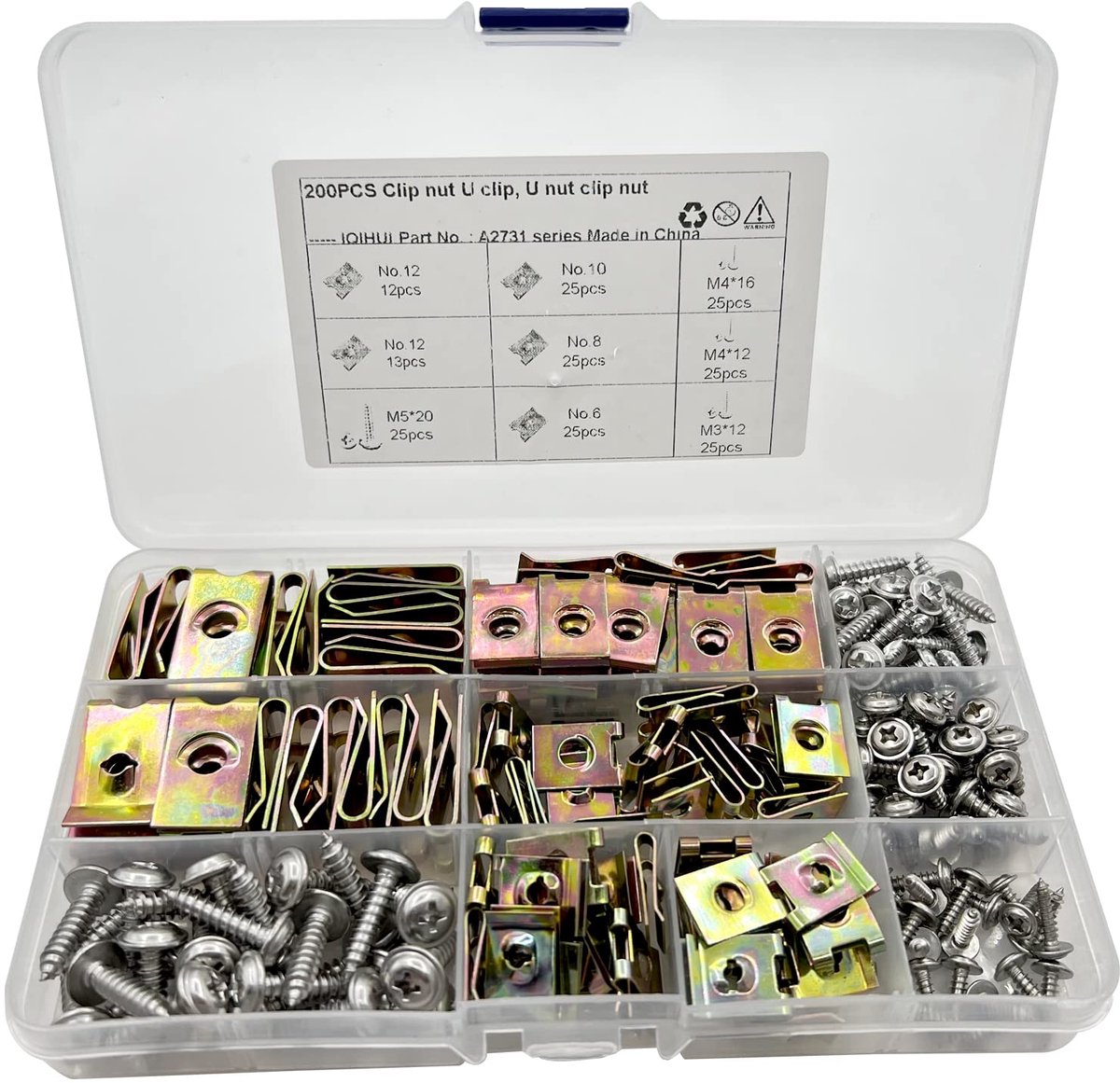 200 stuks assortiment schroeven en kooimoeren voor autospatborden, kuip, speerversnelling, clips, klembevestiging voor schroeven, moeren, kits, bevestigingsbouten type U (Nr.6/8/10/12)