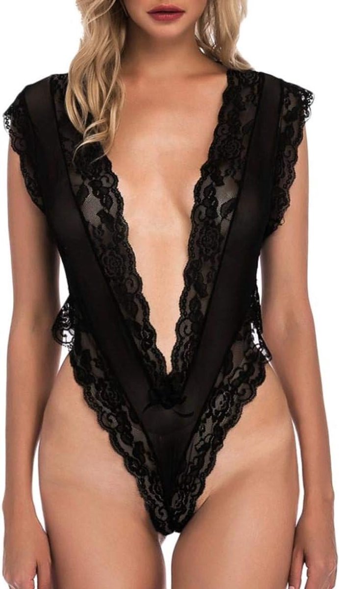 Dameskostuums Dames Diepe V-ondergoed Sexy Lingerie Lace Hollow Out Nachtkleding Transparant Kostuum-Black_XL