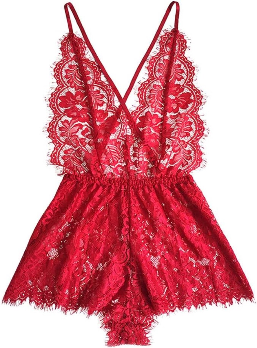 Babydolls, nachtjaponnen & negligés Dames Bodysuit Kanten Lingerie V-hals Backless Jumpsuit Pyjama Sexy Lingerie-Rood_S