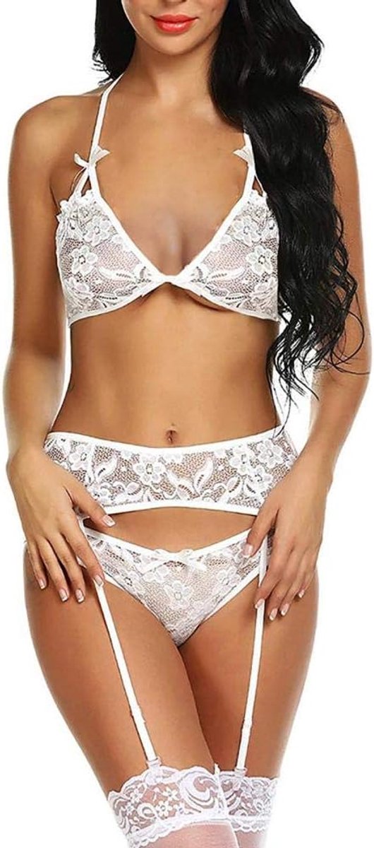 Sets met nachtmode & ochtendjas Erotische Lingerie Sexy Kostuum Vrouwen Backless Halter Ondergoed Borduren Nachtkleding Bh Briefs-White_XL