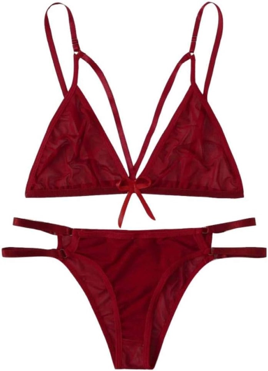 Sexy Lingerie Dames Kanten Beha Bandage Thong Verleiding Diepe V Ondergoed Erotische Porno Vrouwen Kostuums Nachtkleding-Wine_M