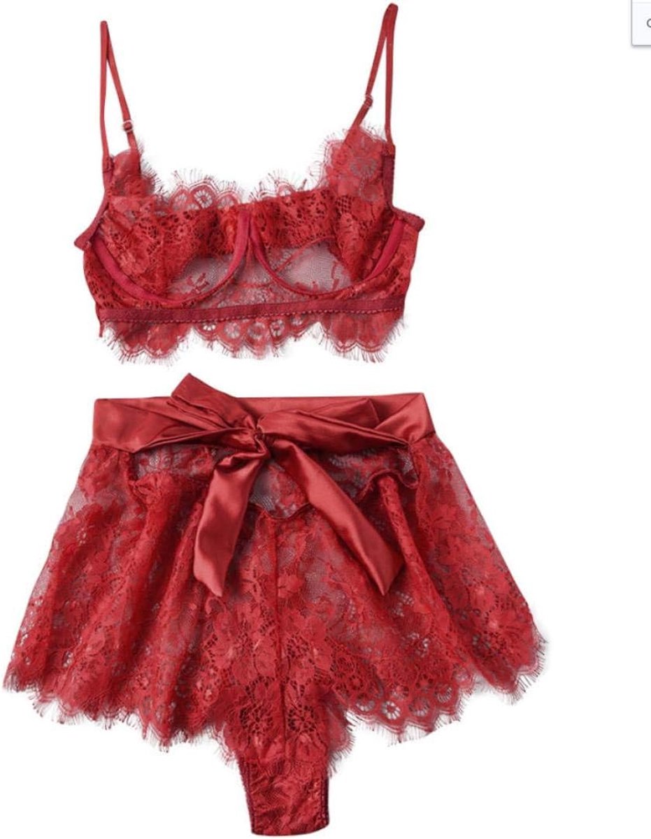 Dameskostuums Vrouwen Sexy Lingerie Kanten Beha Erotische Porno Panty Diepe V Ondergoed Transparante Sex Nachtkleding Set-Red_XL