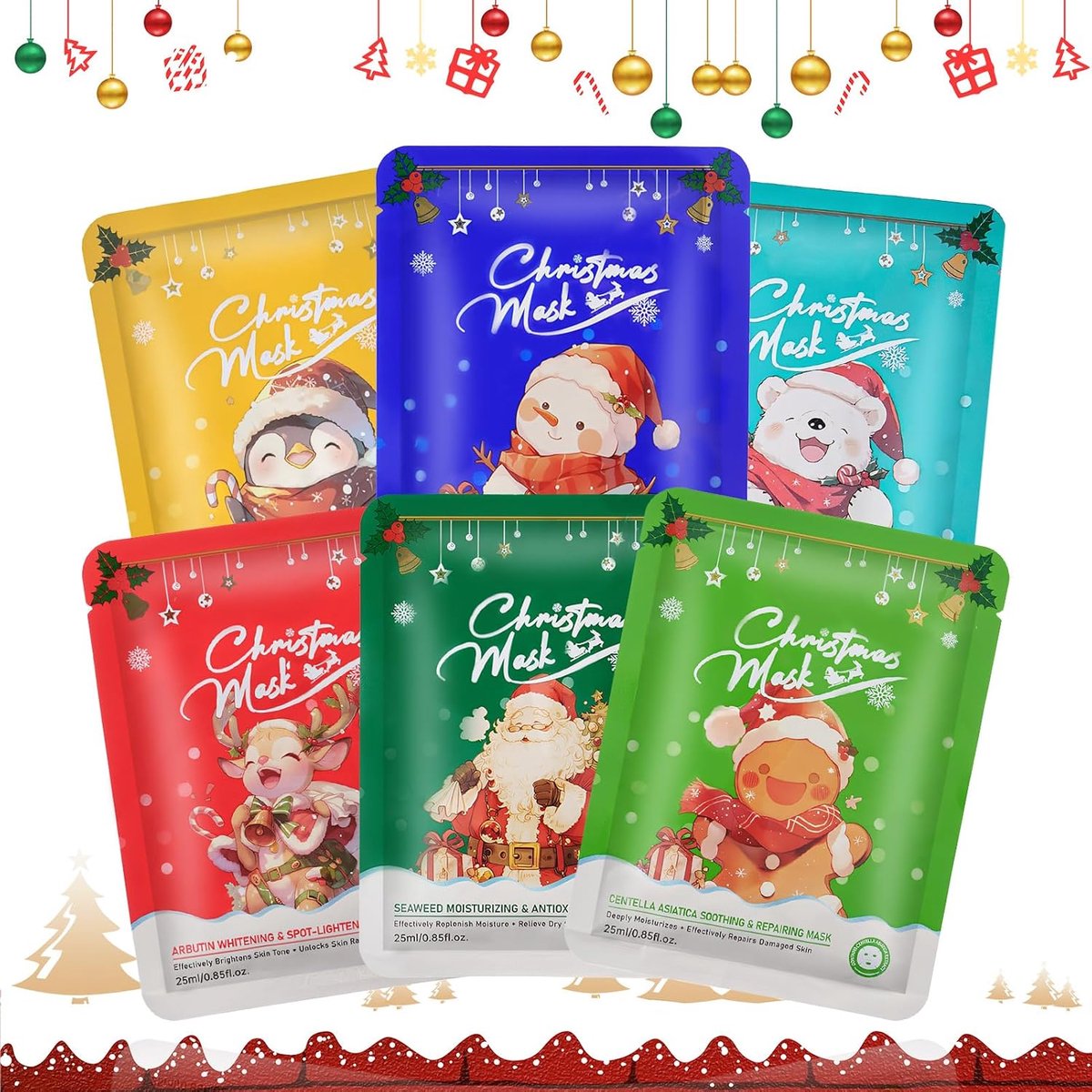 Gezichtsmasker voor Kerstmis, vochtmasker gezicht, collageenmasker, Koreaans collageenmasker, adventskalender, huidverzorging, gezichtsmaskerset, kerstcadeaus voor vrouwen, 6 stuks