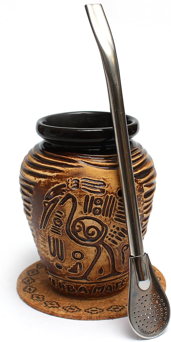 Mate-Tee Kalebasse Set ● Keramische Mate beker Aztek 300 ml ● Keramische mate theekop ● Roestvrij stalen rietje Bombilla 19 cm ● Kurkpad ● Handgemaakte keramische kalebas
