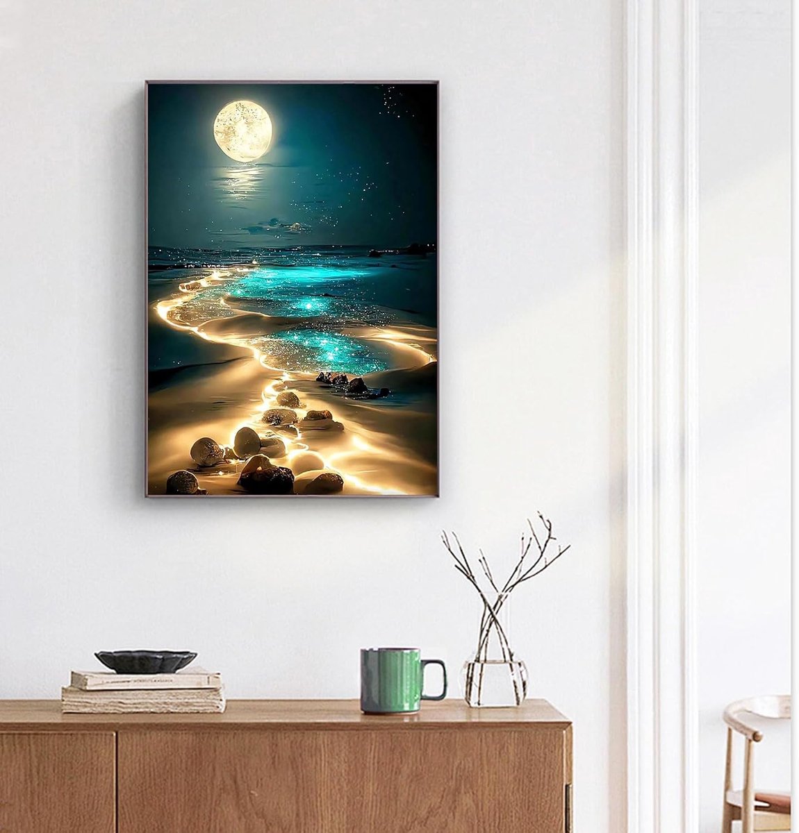 Diamond Painting voor volwassenen en kinderen, 5D landschap, natuur, strand, zee, maan, diamantschilderij, knutselset, knutselset, meisjes, 30 cm x 40 cm