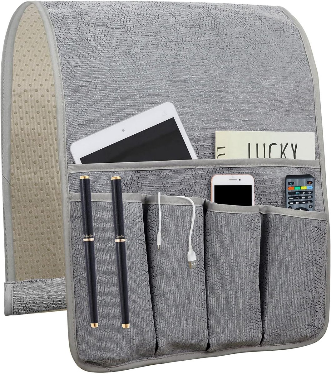 Sofa Armsteun Organiseer afstandsbediening houder nachtkastje caddy organizer met 5 zakken, antislip bank afstandsbediening houder bank fauteuil caddy accessoires (35"x12.4", grijs)