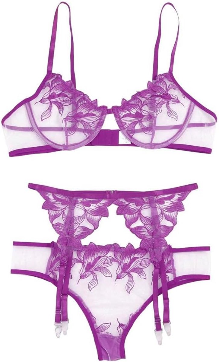 Bodystockings dames Vrouwen Sexy Lingerie Kant Transparante Lingerie Kostuums Borduurwerk Lingerie Set-Morado_L