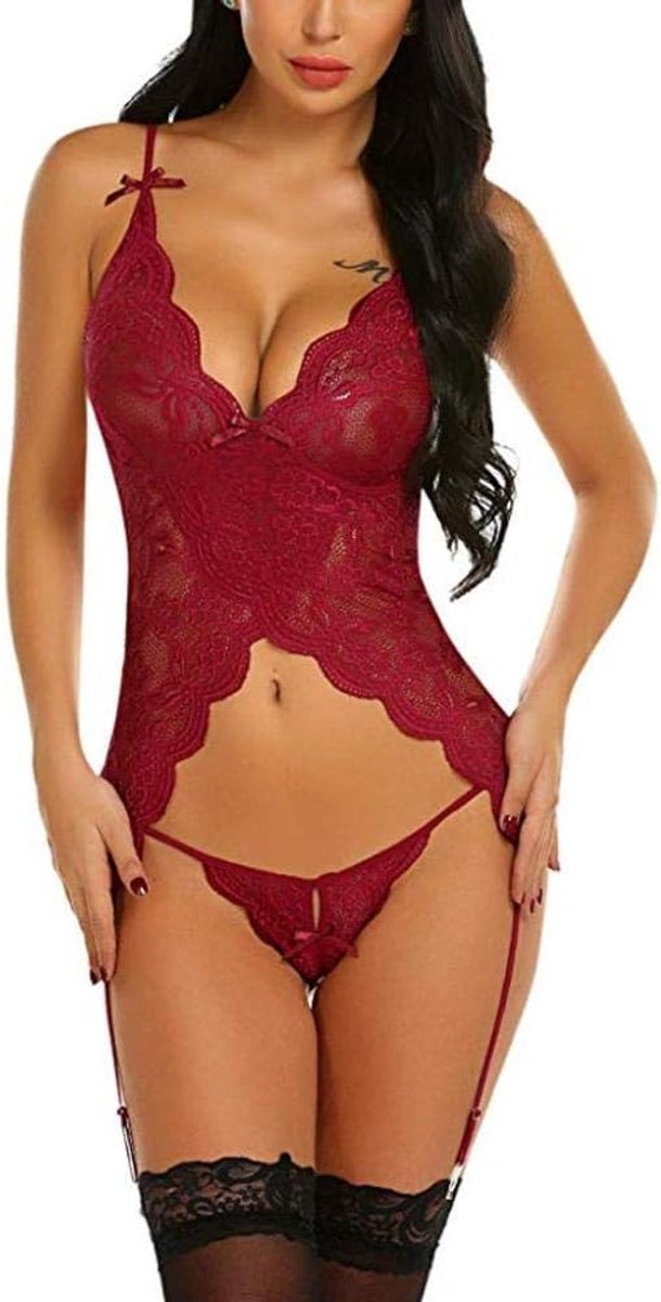 Sexy dames erotische lingerie Sexy Lingerie Dames Ondergoed Set Transparant Kant Thong Kousenband Kostuums-red_3XL