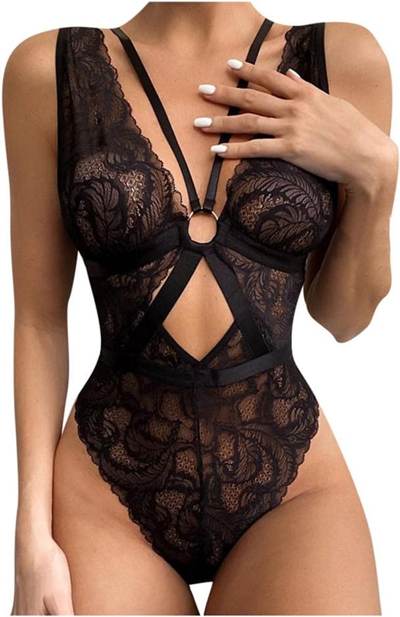 Bodystockings dames Sexy Lingerie Dames Diepe V Backless Sexy Lingerie Transparant Kant set-Black_XL