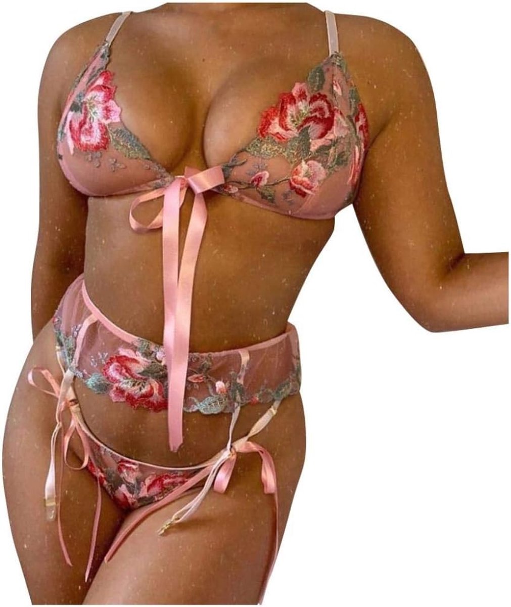 Dameskostuums Vrouwen Beha String Ondergoed Plus Size Kant Sexy Nachtkleding Erotische Lingerie Kostuum Porno Borduurwerk-Pink_L