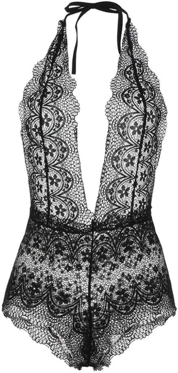 Nachtkleding kant lingerie nachtjurk lingerie sexy jurk met string voor damesSexy Bodysuits Vrouwen Diepe V Mouwloze Rompertjes Dames Dames Tops Sexy Nachtkleding-Zwart_3XL