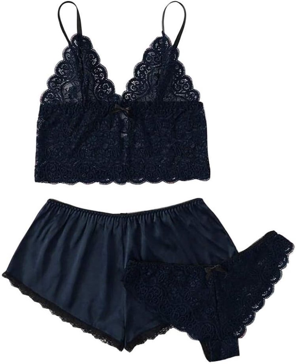 Klassiek Bh set Jarretellegordel en Kous LingerieSexy Lingerie Kanten Shorts Set Dames Ondergoed Nachtkleding S-XL Sexy Ondergoed Plus Size Lingerie Sexy Nachtkleding-Blue_XL