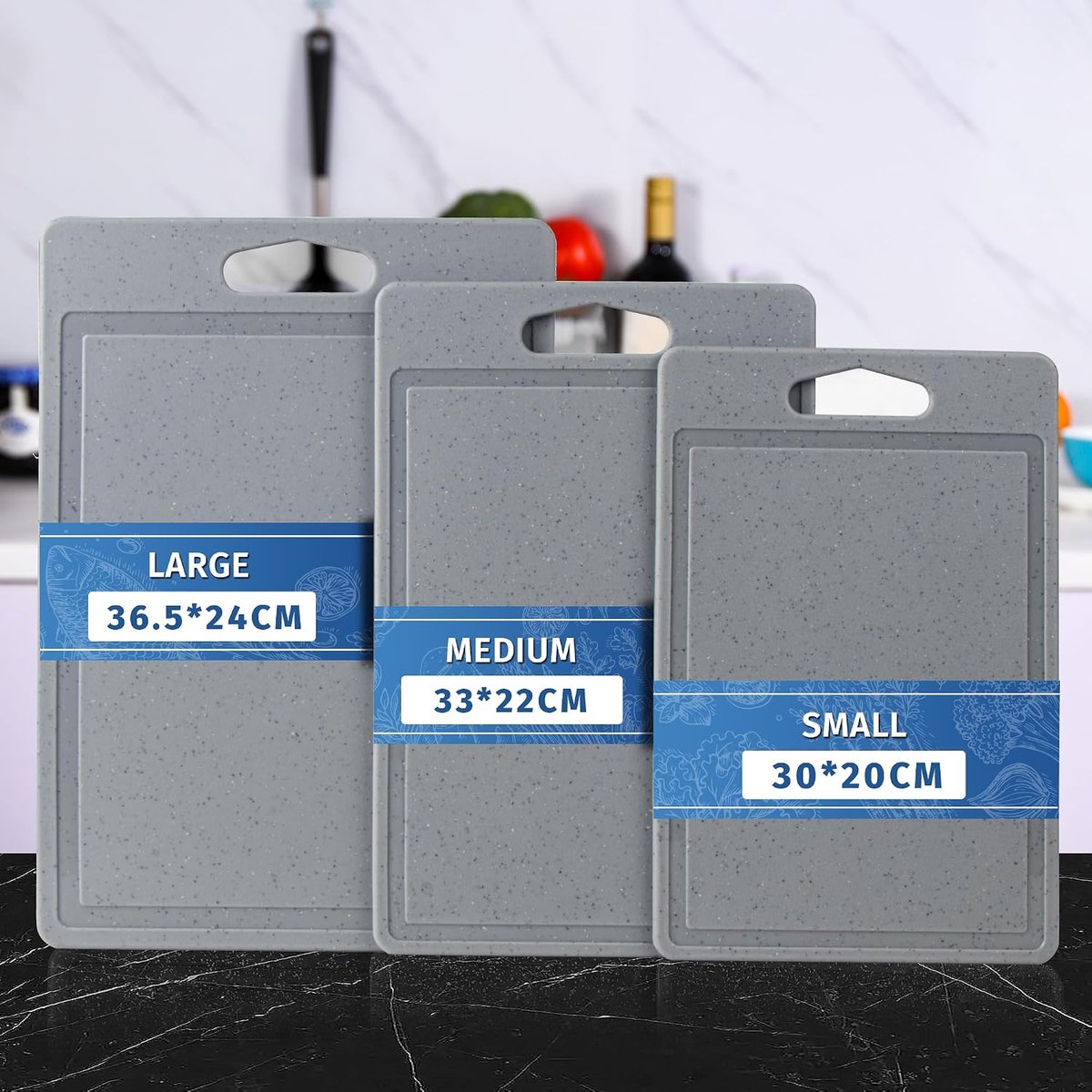 3-delig, graniet-look, 100% antislip stickers en sapkanaal, BPA-vrij, met handvat, snijplanken, kunststof, antibacterieel, vaatwasmachinebestendig, keukenaccessoires (grijs)