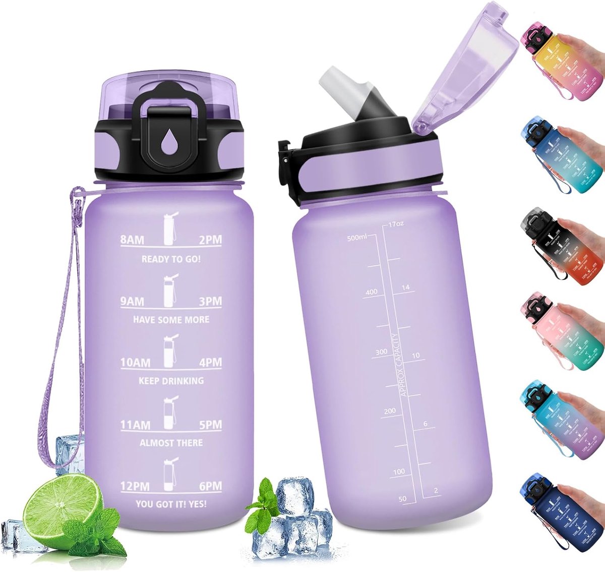 500 ml, waterfles met rietje, waterfles met tijdmarkering, herbruikbare fles, lekvrij, sportdrinkfles voor kinderen, fitnessstudio, camping