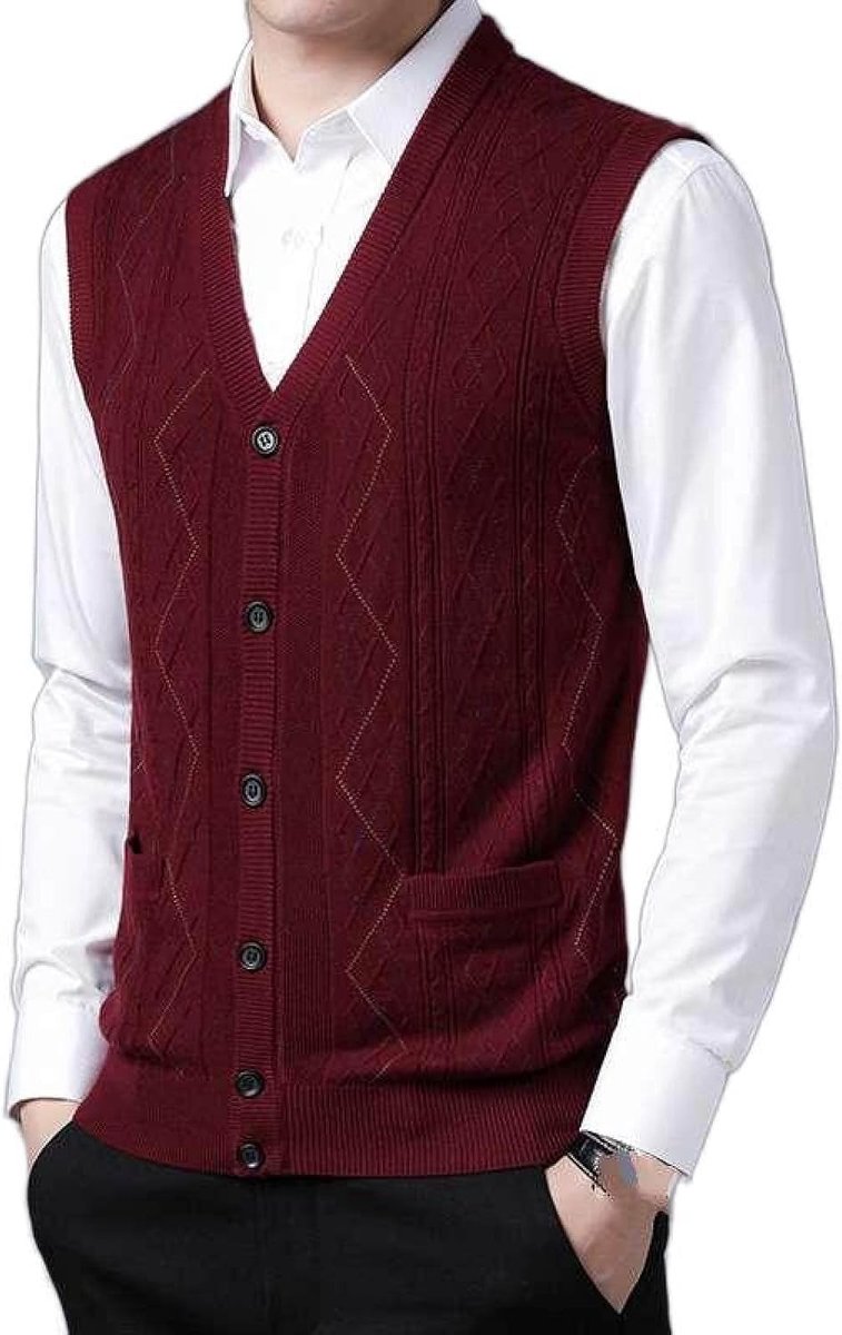 Kasjmier Gemengd Gebreid Vest Met V-Hals, Klassiek Kleurblok Kabel Gebreid Casual En Veelzijdig Mouwloos Vest, Zakelijk Heren Breigoed Gebreid Vest Trui Vest Tanktops,Rood,Xs